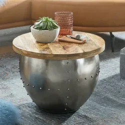 Kadima Design Couchtisch `Serchio`, rund, Industrial-Stil, Massivholz/Metall, Stauraum. 60x60x43 cm