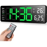 Digitale LED-Wanduhr mit Fernbedienung, Countdown-Timer, einstellbarer Helligkeit, geeignet für Wohnzimmer, Küche, Büro, Fitnessstudio (13 Zoll, Grün)