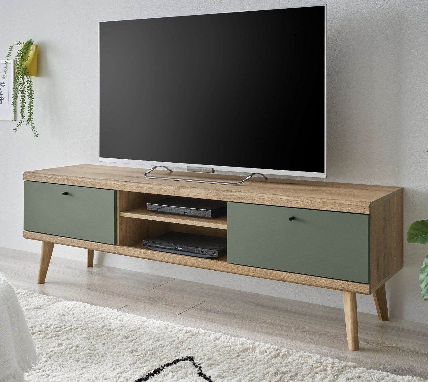 Furn.Design Lowboard Juna (TV Unterschrank in Eiche mit Salbeigrün, 160 x 50 cm), skandinavisches Design grün