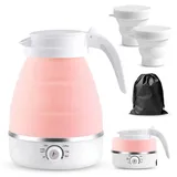 Reise Wasserkocher mit Temperatureinstellung, 600ml Reisewasserkocher Mini Wasserkocher Rosa, Faltbarer Wasserkocher aus Silikon, Camping Wasserkocher mit 2 Faltbecher, für Camping, Reise, Outdoor