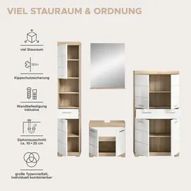 WELLTIME Badmöbel-Set "Siena, 4 teilig, bestehend aus:", weiß (eiche sonoma hell nb, weiß hochglanz mdf tz), B:186cm H:191cm T:34cm, Holzwerkstoff, MDF, Kastenmöbel-Sets, Badmöbel-Set, Hochschrank, Waschbeckenunterschrank, Badspiegel, Midischrank