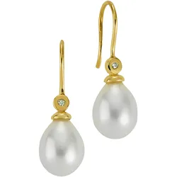 Paar Ohrhaken FIRETTI "Schmuck Geschenk Gold 375 Ohrschmuck Ohrringe Perlen", gold (gelbgoldfarben, weiß), Ohrringe, Damen, 0,03 ct P1 = bei 10-facher Vergrößerung erkennbare Einschlüsse, Gelbgold 375-Diamanten-Perlen, Gelbgold 375, Diamanten, Perlen, Made in Germany - mit Süßwasserzuchtperle - mit Brillanten