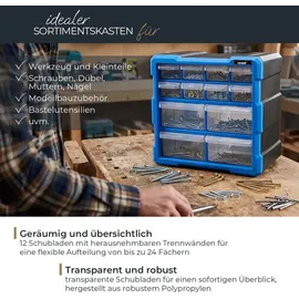 HMF Sortimentskasten Kunststoff 26,5 x 26,5 x 16 cm Blau/Schwarz mit 12 Schubladen