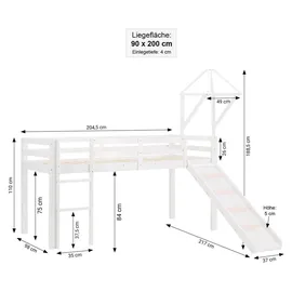 Homestyle4u Hochbett 90 x 200 cm Kiefer massiv weiß rosa