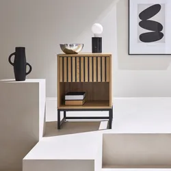 Nachttisch im modernen Stil mit 1 Schublade (Drucköffnungssystem) geriffelte Holzoptik und 1 Nische, schwarzes Metallgestell - Lisbonne