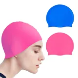 XPOOS 2 Stück Badekappe Kinder,Unisex Badekappe Silikon,Badekappe Mädchen Dehnbar,Wasserdicht Schwimmkappe Für Langes Kurzes Haar Jungen Herren Damen, Pink, Blau