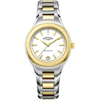Rotary Damen Quartz Armbanduhr, 32.00mm Gehäusegröße mit weiß analog Zifferblatt und Two-Tone Gold Metallarmband Armband LB05106/02