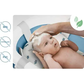 Ricokids Baby Badewanne Babywanne mit Gestell Thermometer und Badekissen - Faltbar Leicht Rutschfest - Weiß Blau
