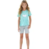 Buffalo Pyjama BUFFALO, Mädchen, Gr. 158/164, grau (mint, grau, meliert), Jersey, Obermaterial: 100% Baumwolle, bedruckt, Basic, bequem kurz, Rundhals, abgesteppte Kante, Homewear-Sets Pyjama, Schlafanzug mit Herz Print vorn