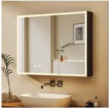 WDWRITTI Badezimmerspiegelschrank mit Beleuchtung 80 x 60 cm, Spiegelschrank Schwarz mit touch, 2 türen (Alu-Schranktür, Doppelseitiger Spiegel, Rasiersteckdose, 2Touch, Anti-fog, 3Lichtmodi, Dimmbar, Memory) mit Netzadapter, Verstellbare Glasböden schwarz