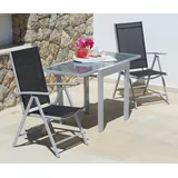 Merxx Balkonset »Lima«, (3 tlg., 2x Klappsessel, 1x Ausziehtisch 65(130)x65 cm), pulverbeschichtetes Aluminium, aus 100% Polyester, für 2 Personen, schwarz
