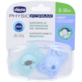 Chicco PhysioForm Light, Schnuller aus Silikon, 6-16 Monate, Schnuller für Kinder mit Sauger aus Silikon, leicht, ergonomische Form, unterstützt die richtige Entwicklung des Mundes, hellblau, 2 Stück