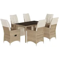 vidaXL 7-tlg. Garten-Bistro-Set mit Kissen Beige Poly Rattan