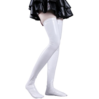 Freebily Damen Wetlook Halterlose Strümpfe Oberschenkel Hohe Glanz Lackleder Strümpfe Lange Socken Stulpen Overknees Stockings Reizwäsche Weiß Einheitsgröße