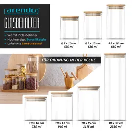 Arendo Glasbehälter-Set aus Borosilikatglas, mit Bambusdeckel, 7-tlg., mikrowellengeeignet, luftdicht,