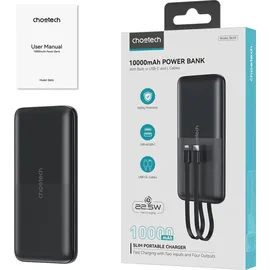 CHOETECH B654 10000Mah 22.5W Usb-A / Usb-C / Micro Usb mit integriertem Usb-C / Lightning Kabel - Schwarz - Schwarz