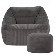 I.C.O.N. Icon Natalia Sitzsack Sessel mit Hocker für Erwachsene, Dunkelgrau, Flauschiger Cord Stoff, Riesen Sitzsack Cord mit Füllung, Bean Bag Chair, Bequemer Sessel Wohnzimmer, Lounge, Schlafzimmer, Büro