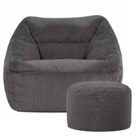I.C.O.N. Icon Natalia Sitzsack Sessel mit Hocker für Erwachsene, Dunkelgrau, Flauschiger Cord Stoff, Riesen Sitzsack Cord mit Füllung, Bean Bag Chair, Bequemer Sessel Wohnzimmer, Lounge, Schlafzimmer, Büro