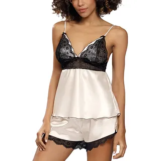 DKaren Dame Pyjama Set Schlafanzug Zweiteilig Satin Spitze Sinnlich Ola, Weiß,L - L