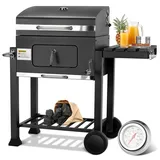 Schwarz Holzkohlegrill XL, Grillwagen Holzkohle, Groß Kohlegrill, Smoker Holzkohlegrill mit Deckel, 2PCS Räder, Grillrost, Thermometer und Edelstahl-Griff, Höhenverstellbar, BBQ Grill für Camping