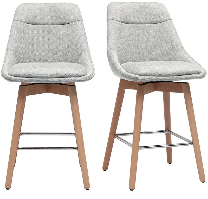 Skandinavische Barhocker mit 360° Drehfunktion aus grauem Samteffekt Stoff und hellem Holz H65 cm (2er Set) ALESS