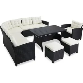 CASARIA Polyrattan Ecklounge Set WPC Esstisch Ecksofa Sessel 2 Hocker inkl. Sitzauflagen Kissen Wetterfest Outdoor Lounge Garten Terrasse Balkon