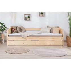 Funktionsbett TICAA "Melinda, Daybett, Jugendbett, 2 Schlafplätze, Schublade auf Rollen", beige (kiefer massiv natur), B:96cm L:204cm, Daybetten, FSC-zertifizierte Kiefer, 2 Rollroste, Massivholz