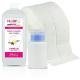 N&BF Nagel Cleaner Set mit Duft 500ml + Dispenser Pumpflasche Blau 150ml + 1000 Zelletten Cellulose Pads (2 Rollen à 500 Stück) - 70% Isopropanol-Alkohol – für Gelnägel – Nagelreiniger (Vanille)