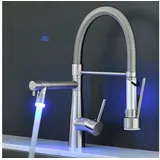 Timaco LED Küchenarmatur mit Spiralfeder, 360° Schwenkbar, Zwei Auslauf