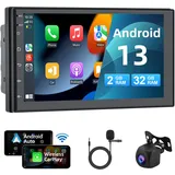 [2+32G] Podofo 2Din 7Zoll Autoradio Android 13 Bildschirm mit Kabelloses A-pple Carplay/Android Auto Touchscreen mit GPS/Bluetooth/SWC/FM/RDS/WiFi/USB Radio Receiver Suppport Rear Camera