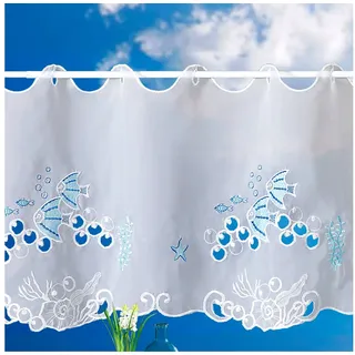 heimtexland ® Scheibengardine maritim Bestickt Badezimmer Deko Gardine weiß transparent 45x112 Panneau Typ904 Fisch