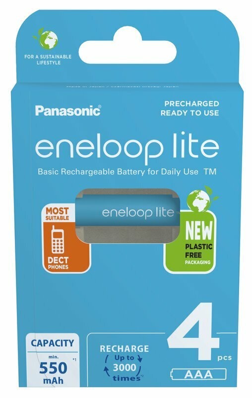 Panasonic eneloop lite, AAA/Micro wiederaufladbare Akkus, Ready-to-Use, 4er-Pack, min. 550 mAh, 3000 Ladezyklen mit geringer Selbstentladung, plastikfreier Verpackung, Ni-MH Akku