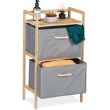 Relaxdays Badregal mit Wäschekörben, 1 offene Ablage & 2 Stoffkörbe, HBT: 76 x 43 x 27 cm, Standregal Bambus, Natur/grau, Pappe