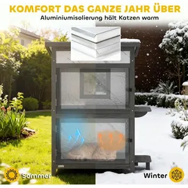 PawHut Katzenhaus aus Holz, 2-stöckiges Outdoor Isolierte Katzenhütte mit Fenster Türen