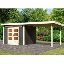 Gartenhaus KARIBU "Ammersee 4", grau (terragrau, elfenbeinfarben, naturbelassen), ohne Fußboden, ohne Dacheindeckung, Holzwerkstoff, Gartenhäuser