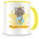 Samunshi® Kindertasse mit Namen Tasse Katze & Fisch Personalisierte Tasse mit Namen Kinder Kinderbecher mit Namen Kindergarten gelb 300ml