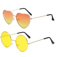 2 Paar Hipppy Brille Retro Verkleidung Sonnenbrille Herz & Runde Sonnenbrille Coole Orange Farbige Sonnenbrille 60er 70er Jahre Festival Verkleidung Kostüm Zubehör für Frauen Männer
