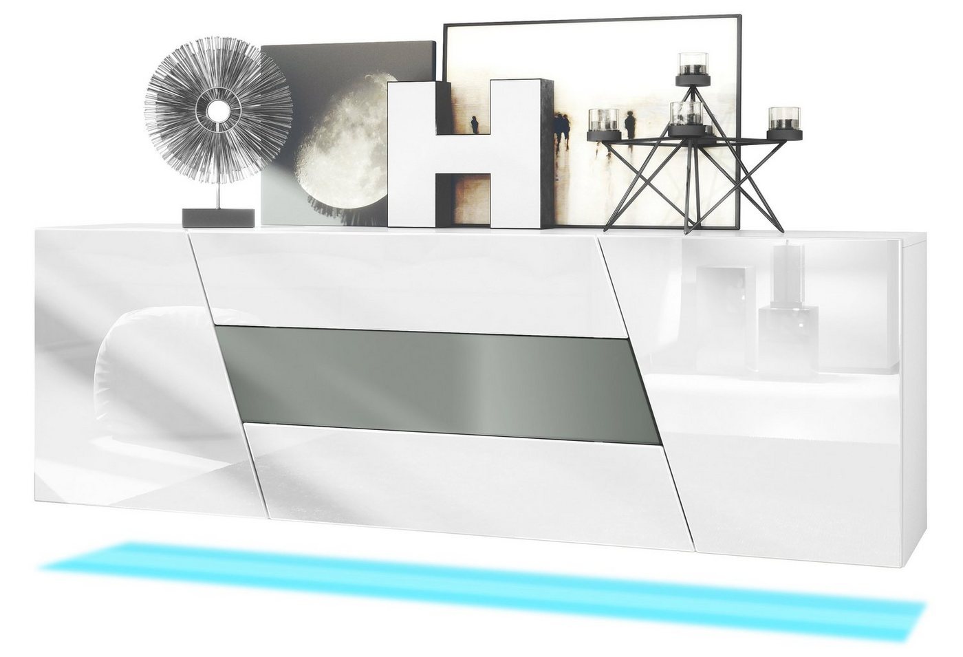 Vladon Sideboard Houston (hängende Kommode, mit 2 Türen und 3 Schubladen inkl. LED-Beleuchtung), Weiß matt/Weiß Hochglanz/Graphit Seidenmatt (178 x 57,5 x 38,5 cm) grau