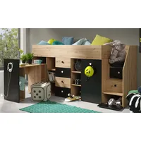 Hochbett ,Kinderbett SM 3-P, Hochbett mit Schreibtisch, kleine Schrank und Schubladen. Farbe Artisan/Schwarz