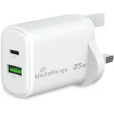 MediaRange 25W GaN Schnellladeadapter (UK-Stecker), 1x USB-C und 1x USB-A, unterstützt USB-C® Power Delivery und Quick ChargeTM, Weiß