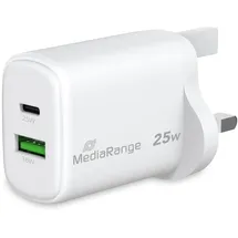 MediaRange 25W GaN Schnellladeadapter (UK-Stecker), 1x USB-C und 1x USB-A, unterstützt USB-C® Power Delivery und Quick ChargeTM, Weiß
