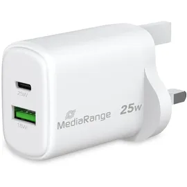 MediaRange 25W GaN Schnellladeadapter (UK-Stecker), 1x USB-C und 1x USB-A, unterstützt USB-C® Power Delivery und Quick ChargeTM, Weiß