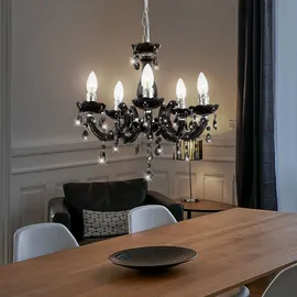 GLOBO Kronleuchter 5 Flammig schwarz Hängeleuchte Esstischlampe Esszimmer Hängelampe Kristalle, Kristallbehang, Chrom, 5x E14, DxH 44x128 cm