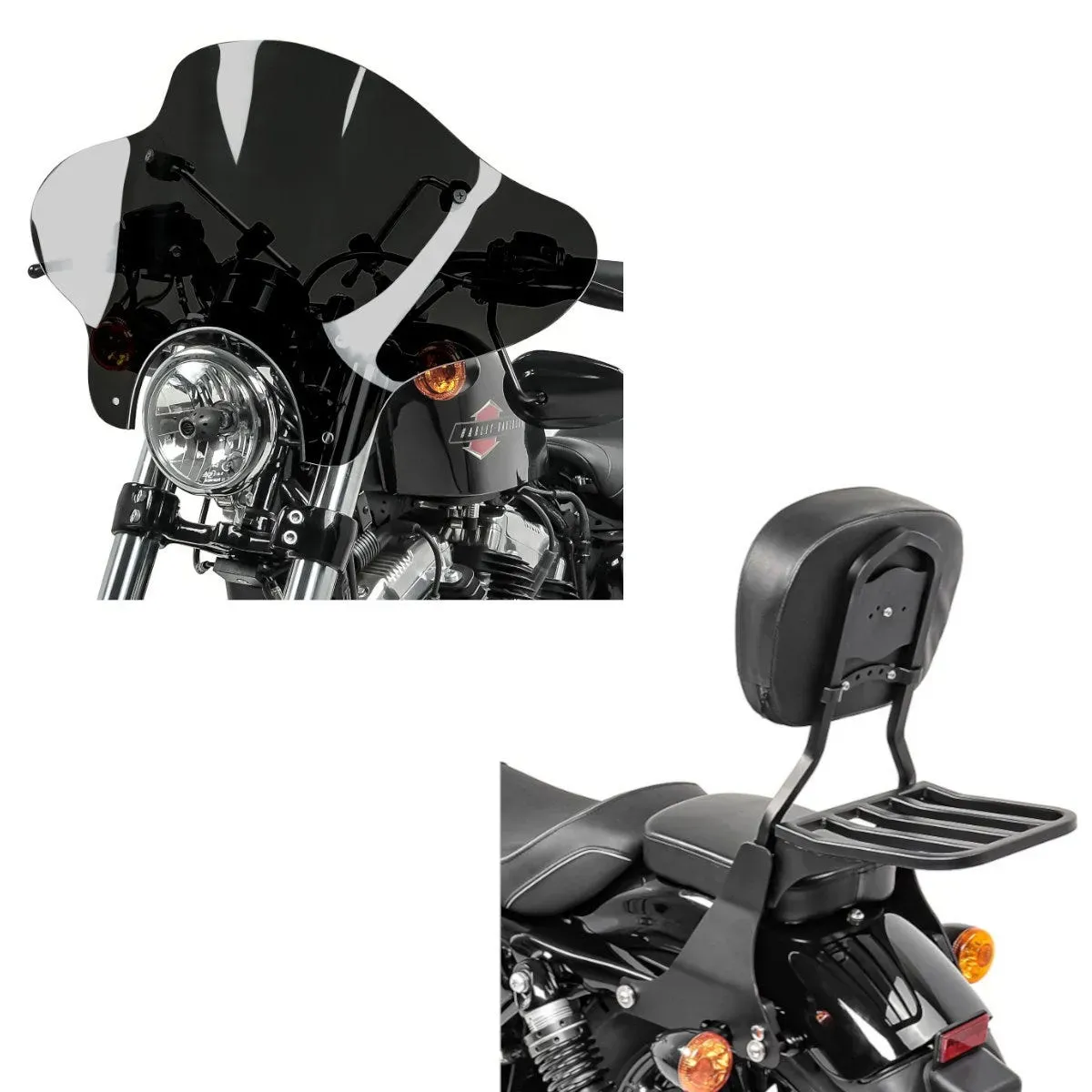 Set: Sissybar passend für Harley Davidson Sportster 04-20 Craftride Fast Driver-S inkl. Gepäckträger schwarz + Motorrad Windschild Batwing Craftride für Custombikes Craftride inkl. Haltesatz dunkel getönt