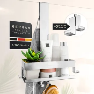 KRONWELL® Duschablage zum Hängen - rostfrei + 2 zusätzliche Haken - Duschregal zum Hängen - Duschkorb hängend Edelstahl - Shampoo Halterung für Dusche - Chrom
