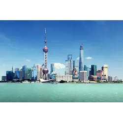 Fototapete PAPERMOON "SHANGHAI-STADT CHINA SKYLINE BRÜCKEN UFER FLUSS STRAND", bunt, B:3,00m L:2,23m, Vlies, Tapeten