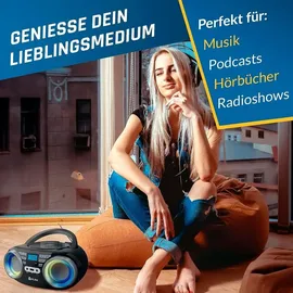 Klim Boombox B3 Tragbarer CD Player + FM Radio, CD, MP3, Bluetooth, AUX, USB, RGB LED + Kabel- & kabelloser Betrieb mit wiederaufladbaren Akku + Verbesserte CD-Laserlinse + Digitaler EQ + Version
