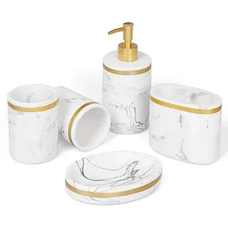 Badezimmer Zubehör Badausstattung Sets 5-Teiliges aus Harz ,Marmor aussehen mit Seifenspender, Zahnputzbecher, Seifenschale,Zahnbürsten-Halter, luxuriöses Badezimmer-Set Weiß Schwarz (Weiß + Gold)