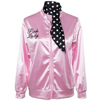 Nofonda Halloween Kostüm, Ladies Pink schicke Jacke 50er 60er 70er Jahre Damen Kostüm, Pink Jacke aus Satin mit Polka Dots Schal, Party Rock n Roll