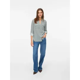 Vero Moda Hemdbluse VERO MODA "VMBUMPY L/S SHIRT NEW WVN GA NOOS", Damen, Gr. L, weiß (pine grove stripes:snow weiß), Web, Obermaterial: 100% Viskose, regular fit Po-bedeckend, V-Ausschnitt, mit Riegel Manschette, Blusen Hemdbluse